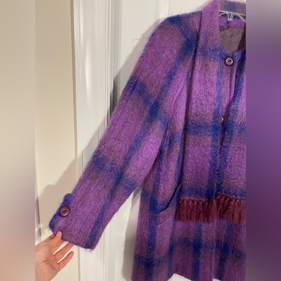 Vintage Donegal Ireland Handwoven Pure New Wool Mohair Plaid Scarf Coat Purple L - Picture 5 of 10